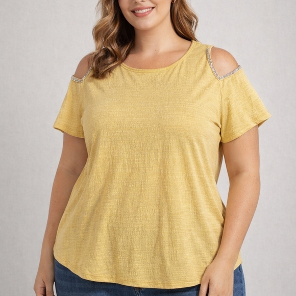 Tops - Retrology Yellow Cold Shoulder Blouse 1X Textured Elegant and Comfortable Plus S